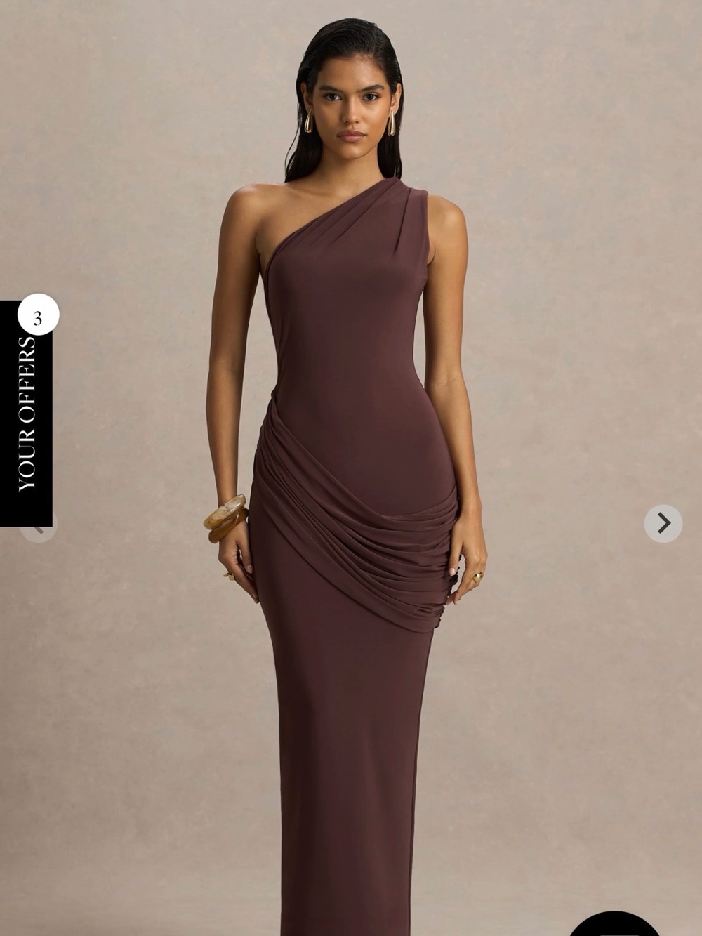 Club L London NWT One-Shoulder Ruched Maxi Dress in Brown